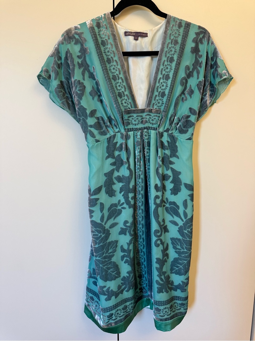 Hale Bob Silk Blend Velvet Burnout Mini Dress Teal Blue Boho Empire Waist S - Picture 2 of 6